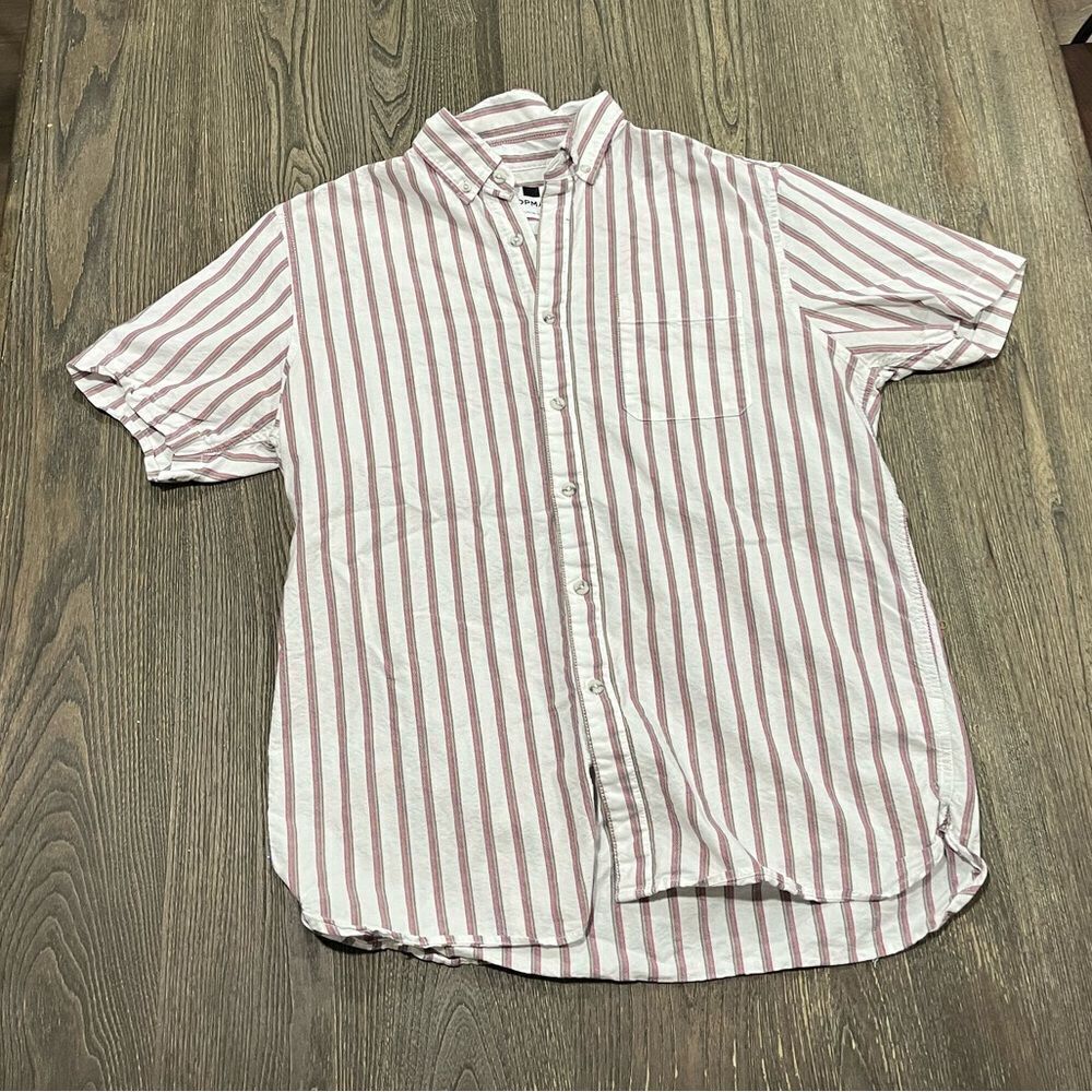 Topman Button Down Shirt Oxford Striped Slim Fit Short Sleeves Pocket White M